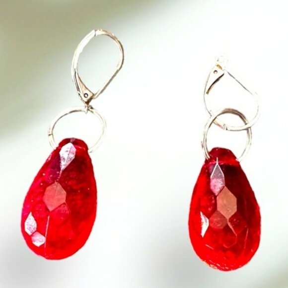 Vintage Red Stone /Garnet Lever Back Dangle Earrings - Picture 1 of 2